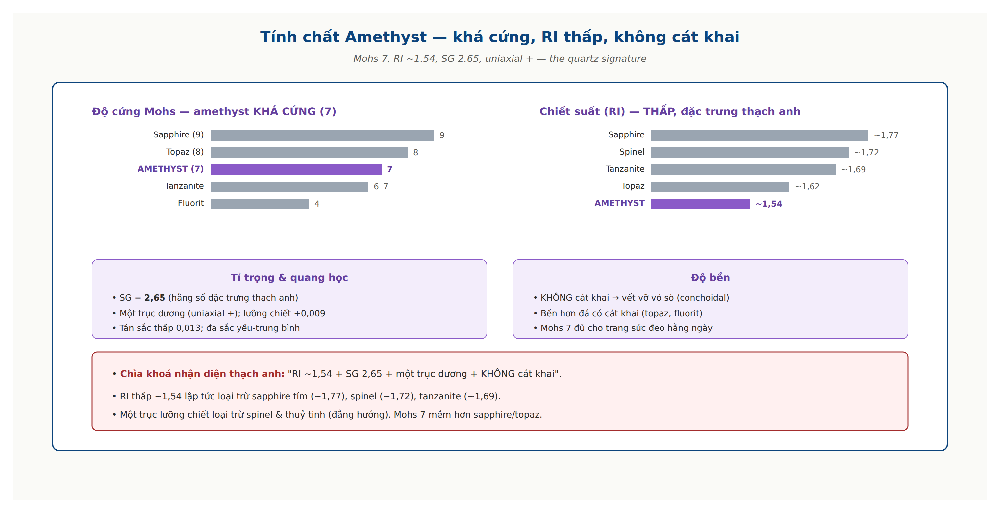 Amethyst properties dashboard Mohs RI SG birefringence quartz comparison hardness
