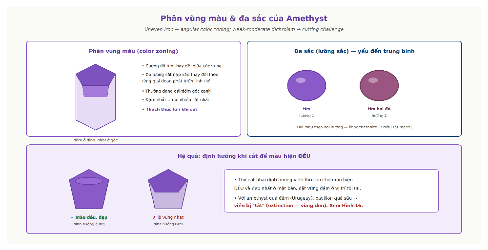 Amethyst color zoning angular banding uneven iron pleochroism dichroism crystal growth cutting