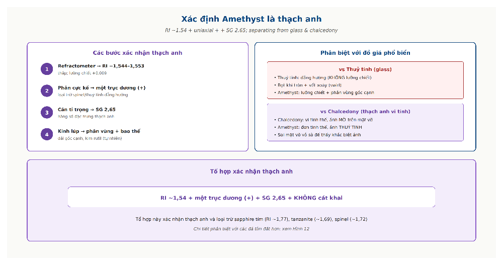 Amethyst quartz identification refractive index specific gravity uniaxial positive vs glass chalcedony