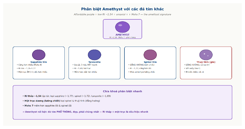 Amethyst versus purple sapphire tanzanite purple spinel glass comparison RI hardness