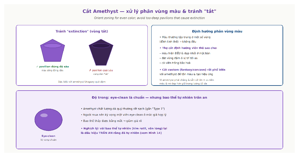 Amethyst cut color zoning orientation extinction pavilion depth even color faceting styles