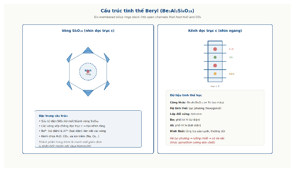 Beryl crystal structure Be3Al2Si6O18 hexagonal rings channels
