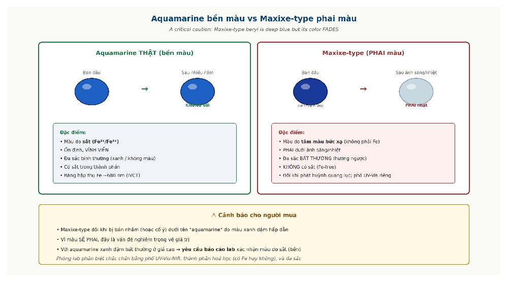 Maxixe-type beryl irradiated fading vs stable aquamarine