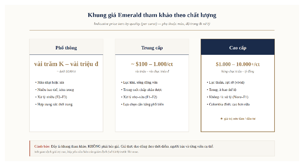 Khung giá ngọc lục bảo emerald theo chất lượng phổ thông trung cấp cao cấp mỗi carat