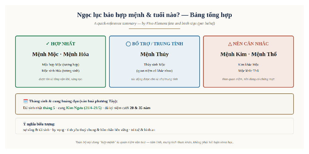 Ngọc lục bảo emerald hợp mệnh Mộc Hỏa Thủy Kim Thổ tuổi tháng 5 Kim Ngưu bảng tổng hợp
