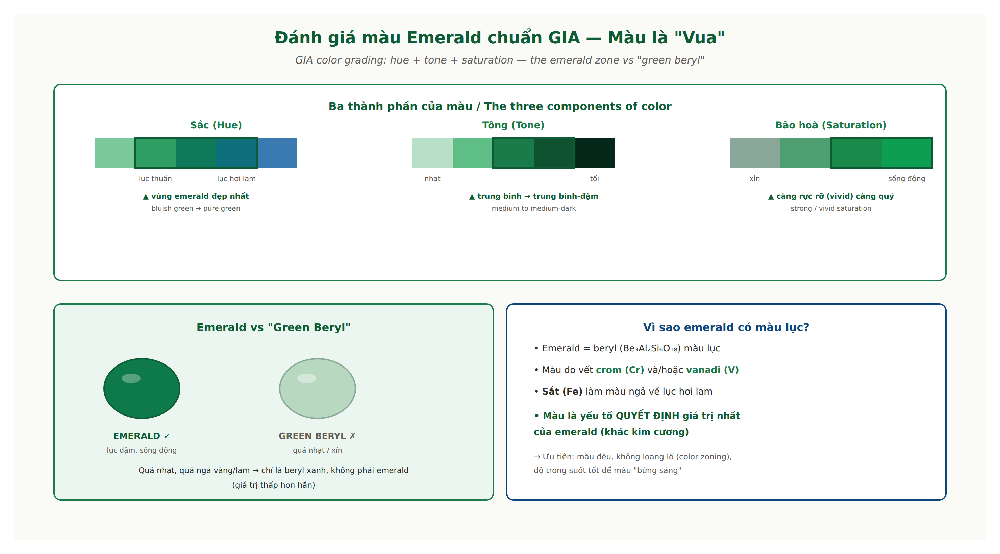 Đánh giá màu ngọc lục bảo emerald chuẩn GIA hue tone saturation emerald zone green beryl
