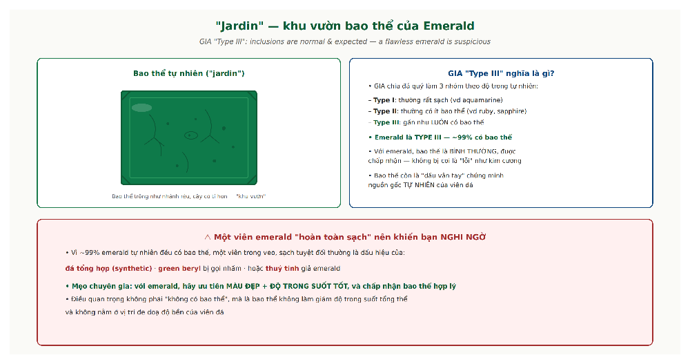 Emerald jardin bao thể Type III GIA clarity inclusions garden flawless suspicious ngọc lục bảo