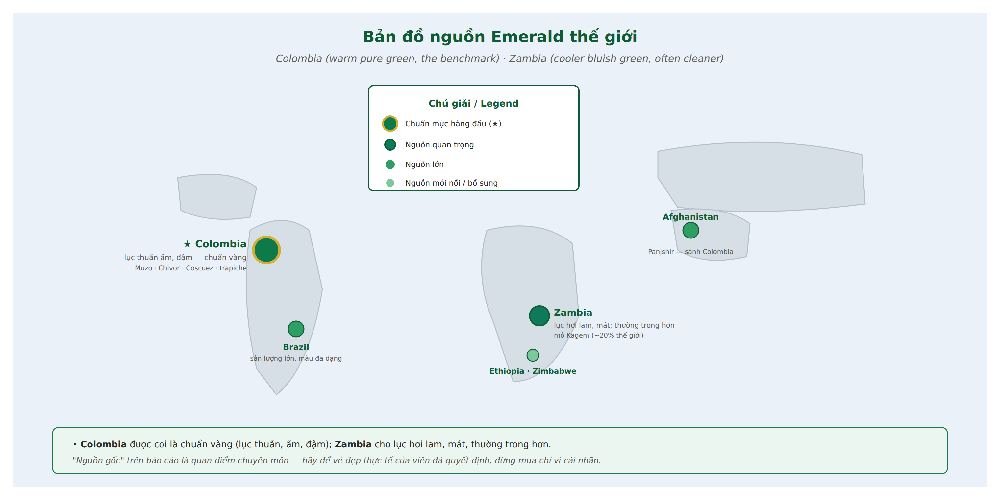 Bản đồ nguồn ngọc lục bảo emerald thế giới Colombia Zambia Brazil Afghanistan Muzo Chivor Kagem