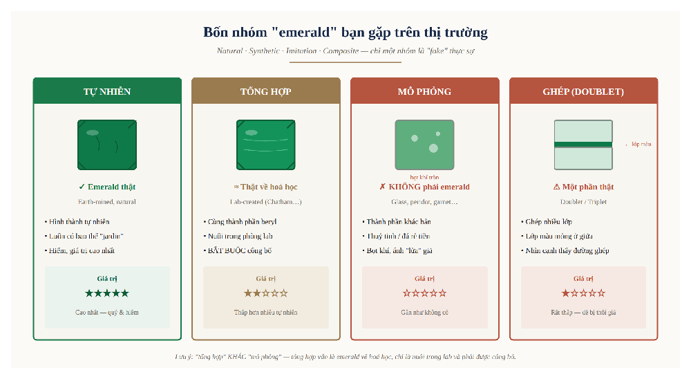 Bốn nhóm ngọc lục bảo emerald tự nhiên tổng hợp mô phỏng ghép doublet phân biệt thật giả