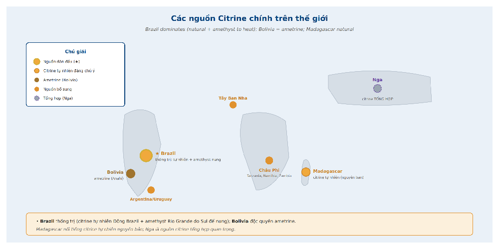 Citrine world sources map Brazil Bolivia Madagascar Argentina Spain Russia natural amethyst heated