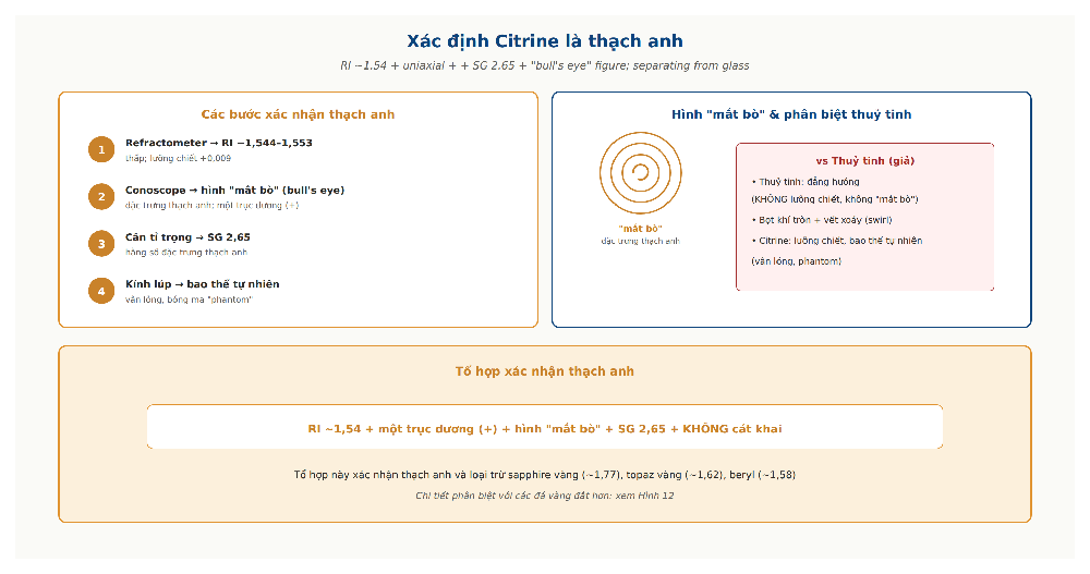 Citrine quartz identification refractive index specific gravity uniaxial positive bulls eye figure vs glass
