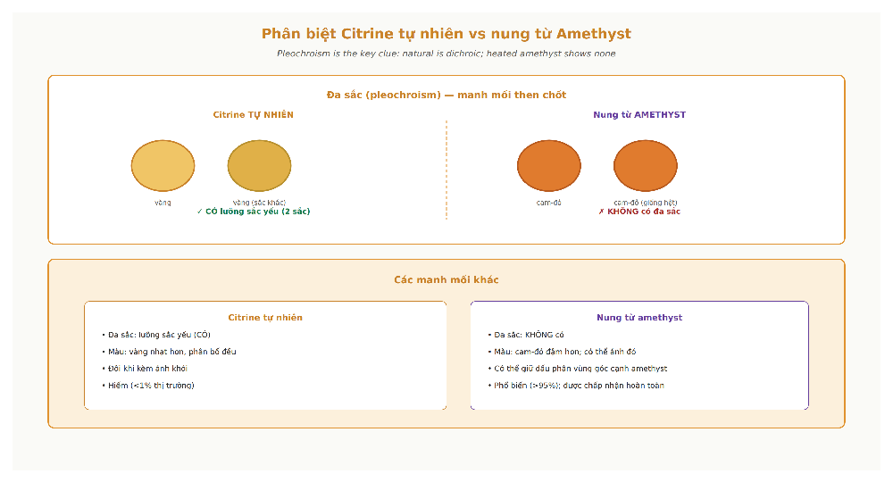 Citrine natural versus heated amethyst pleochroism dichroism color zoning identification reddish tint