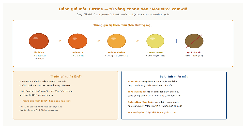Citrine color grading Madeira deep orange red lemon yellow golden brownish trade names value