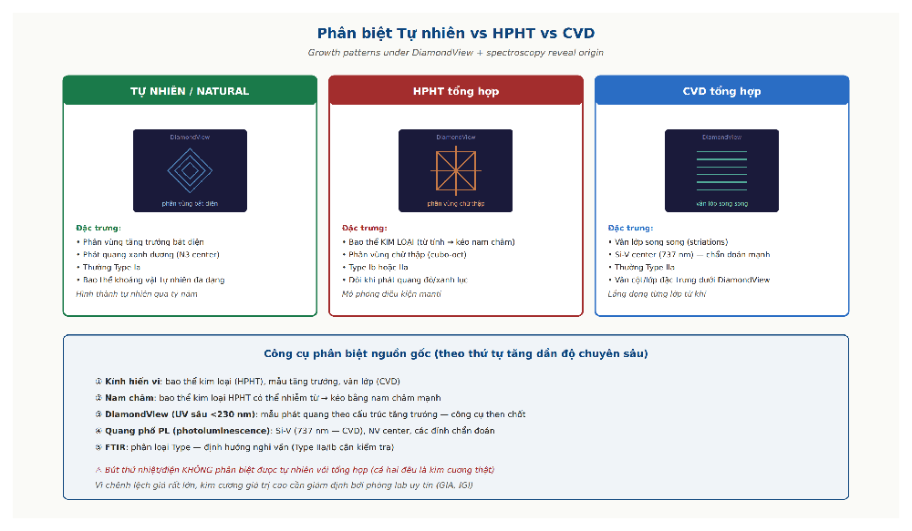 Natural HPHT CVD diamond detection features