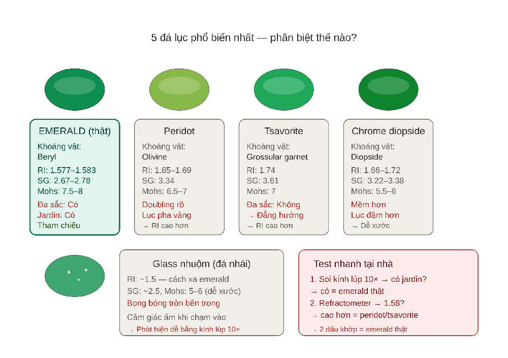So sánh emerald thật và 4 đá lục nhái phổ biến