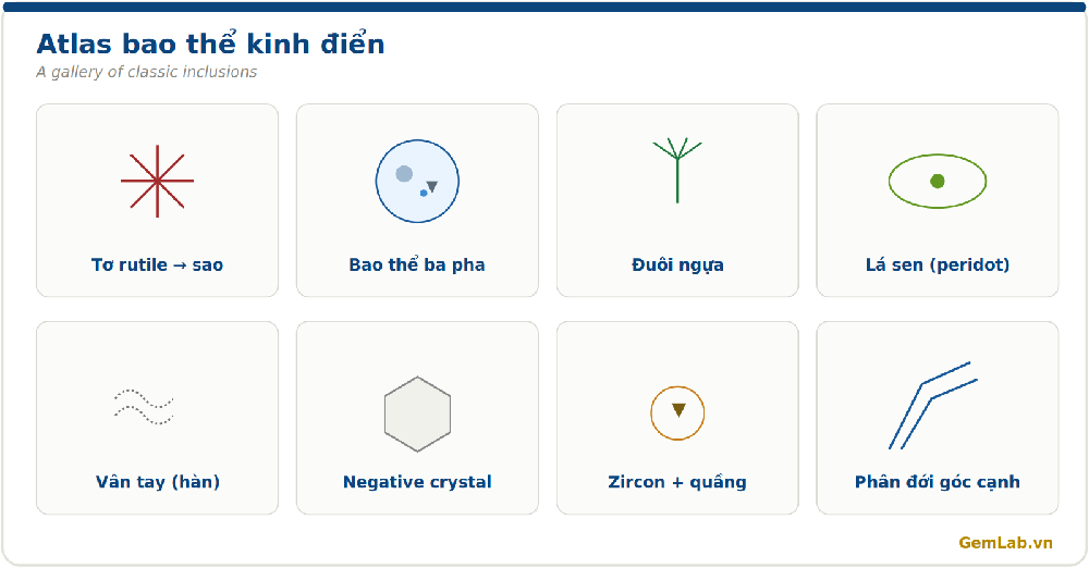 Atlas các bao thể kinh điển: tơ rutile, ba pha, đuôi ngựa, lá sen, vân tay, negative crystal, zircon quầng, phân đới