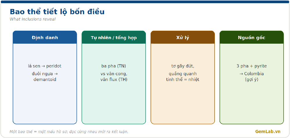 Bốn điều bao thể tiết lộ: định danh, tự nhiên hay tổng hợp, xử lý, nguồn gốc