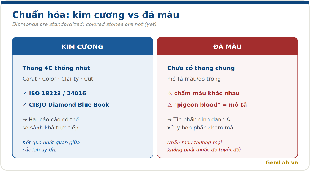 Mức chuẩn hóa: kim cương 4C thống nhất, đá màu chưa có thang chung