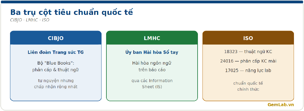 Các tổ chức tiêu chuẩn: CIBJO, LMHC, ISO