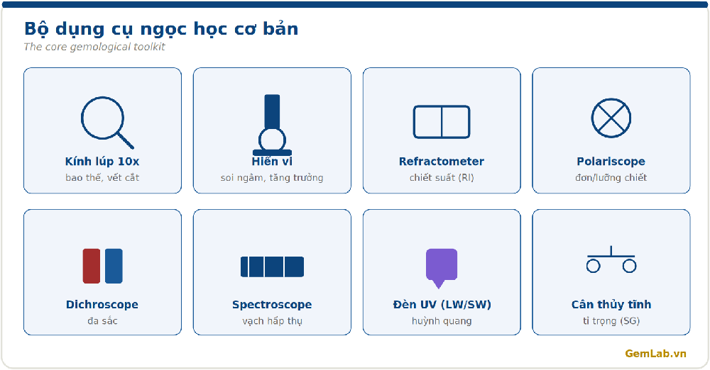 Bộ dụng cụ ngọc học cơ bản: kính lúp, hiển vi, refractometer, polariscope, dichroscope, spectroscope, đèn UV, cân thủy tĩnh
