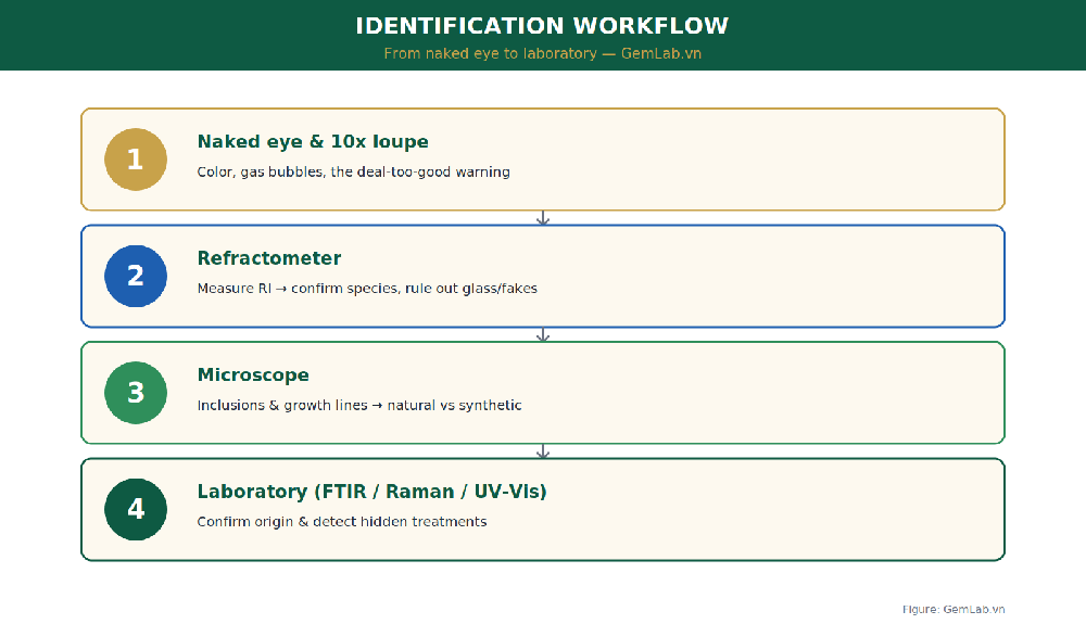 Workflow for distinguishing natural, synthetic and fake gemstones from naked eye to laboratory