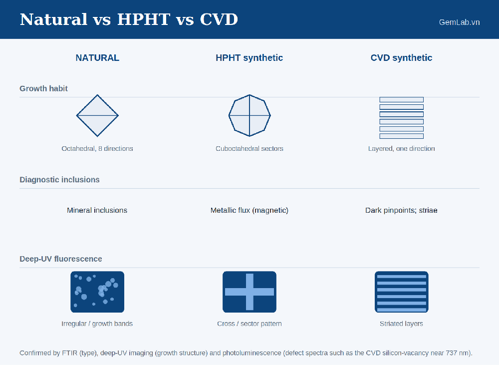 Comparison of natural, HPHT and CVD diamond showing growth morphology, inclusions and deep-UV fluorescence signatures
