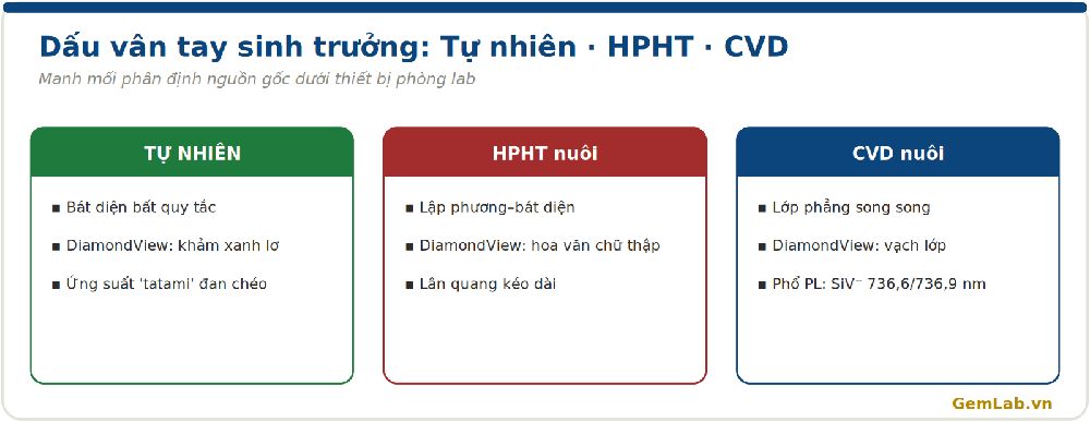 So sánh kim cương tự nhiên, HPHT và CVD về hình thái sinh trưởng và huỳnh quang DiamondView