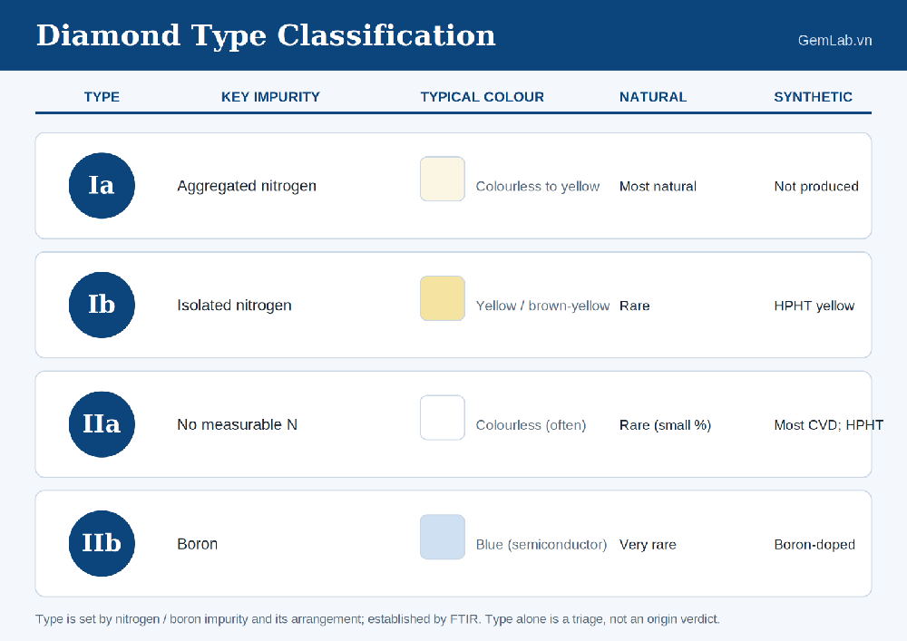 Diamond type classification chart showing Ia, Ib, IIa and IIb by nitrogen and boron impurity, with which types occur naturally versus in synthetics