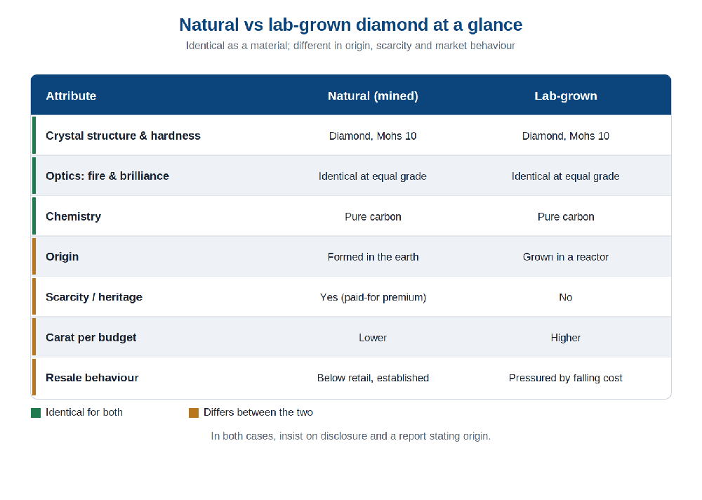 Comparison chart of natural versus lab-grown diamond showing identical hardness, optics and chemistry, but differing in origin, scarcity, price and resale behaviour