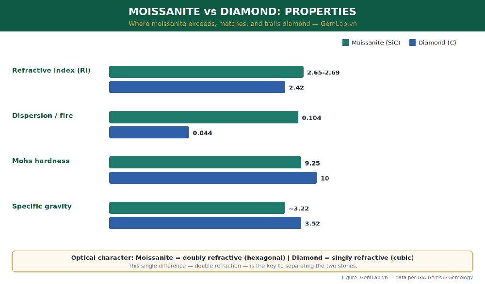 Optical and physical properties of moissanite compared with diamond
