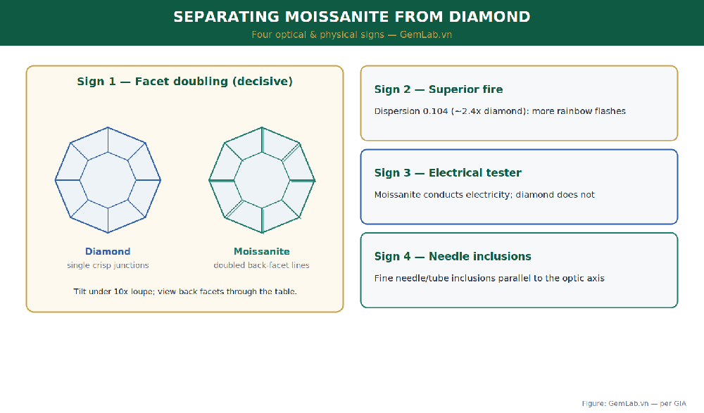 Four signs to separate moissanite from diamond, including facet doubling