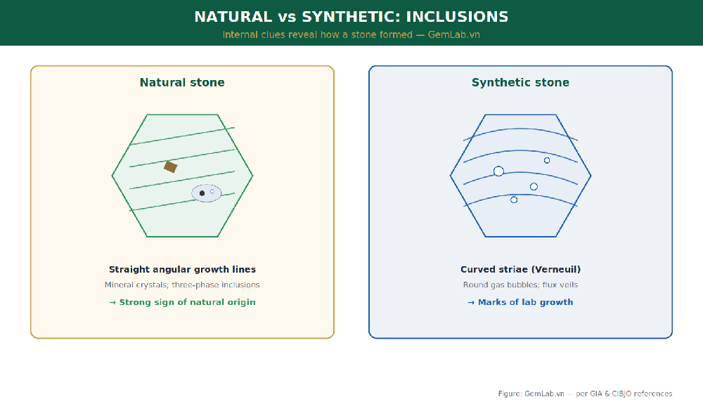 Comparison of characteristic inclusions between natural and synthetic gemstones under magnification