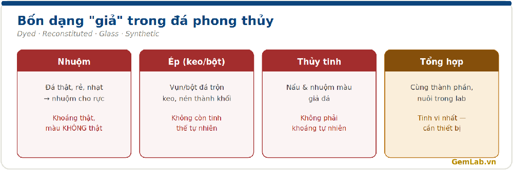 Bốn dạng đá phong thủy giả: nhuộm, ép, thủy tinh, tổng hợp