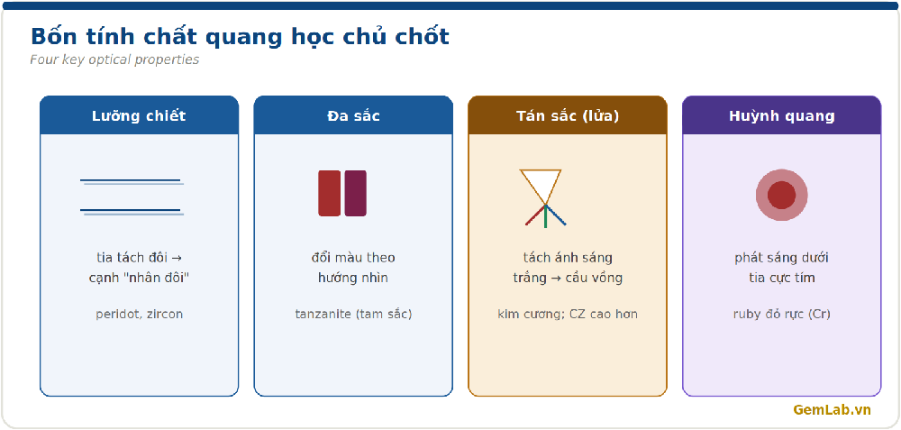 Bốn tính chất quang học: lưỡng chiết, đa sắc, tán sắc, huỳnh quang