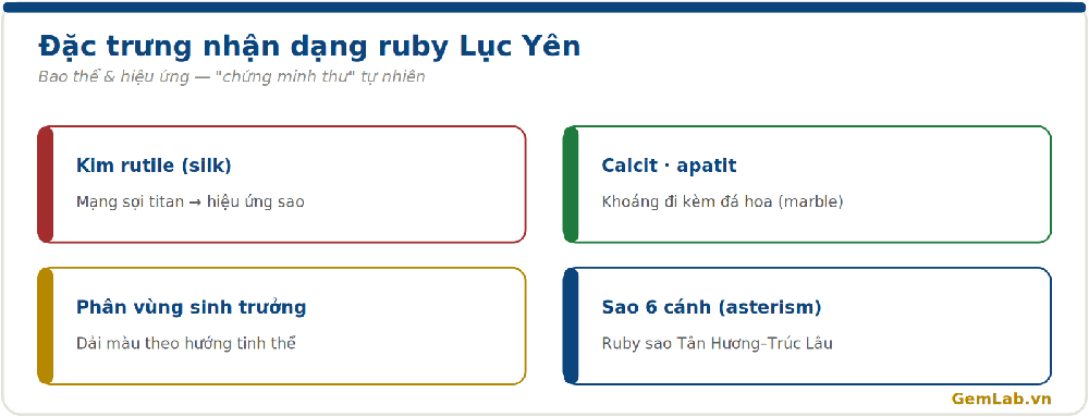 Đặc trưng nhận dạng ruby Lục Yên: bao thể rutile silk, calcite, apatite và sao sáu cánh