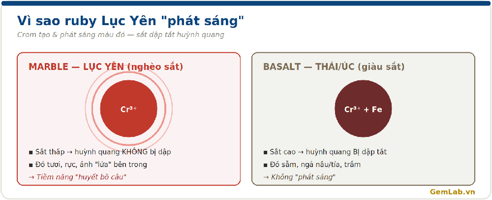Cơ chế huỳnh quang ruby Lục Yên: crom cao sắt thấp trong đá hoa cho ánh đỏ rực