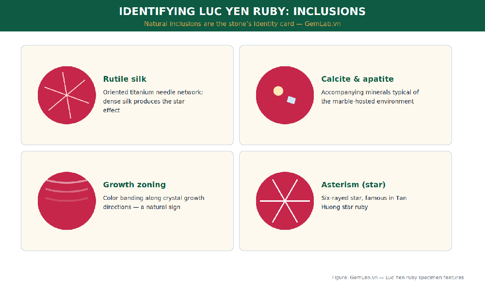 Identifying features of Luc Yen ruby: rutile silk, calcite and apatite inclusions, and six-rayed star