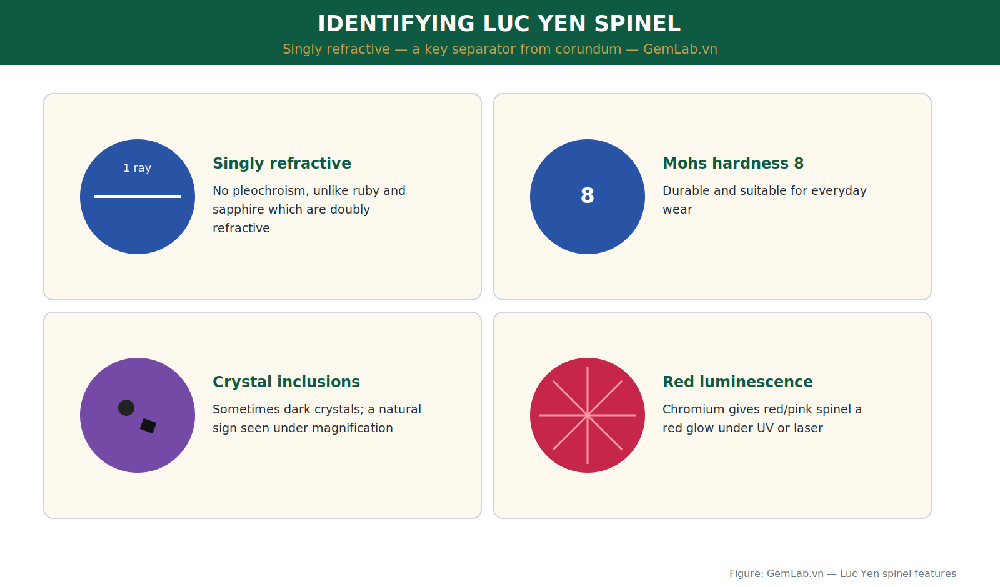 Identifying features of Luc Yen spinel: singly refractive, crystal inclusions, red luminescence