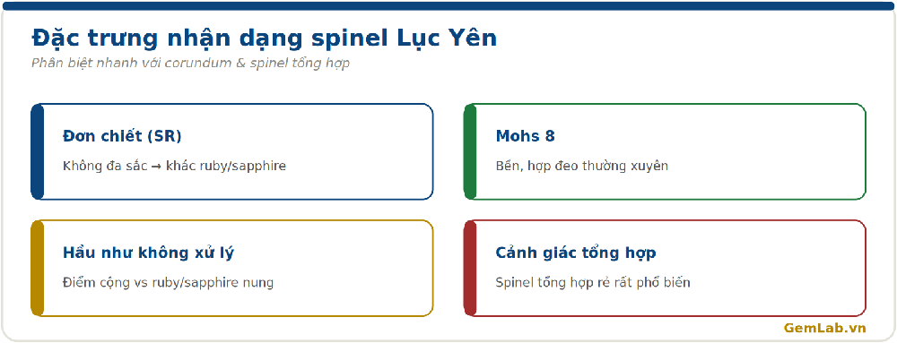 Đặc trưng nhận dạng spinel Lục Yên: đơn chiết, bao thể tinh thể, không xử lý
