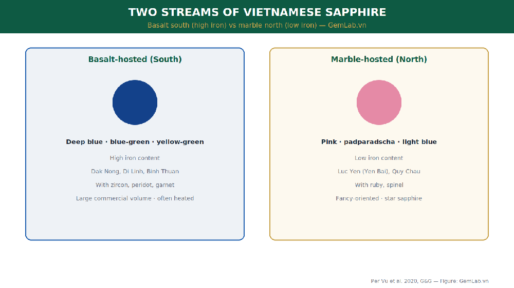 Two streams of Vietnamese sapphire: basalt-hosted south and marble-hosted north