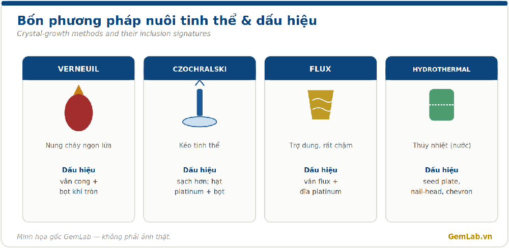Bốn phương pháp nuôi tinh thể đá quý và dấu hiệu nhận biết
