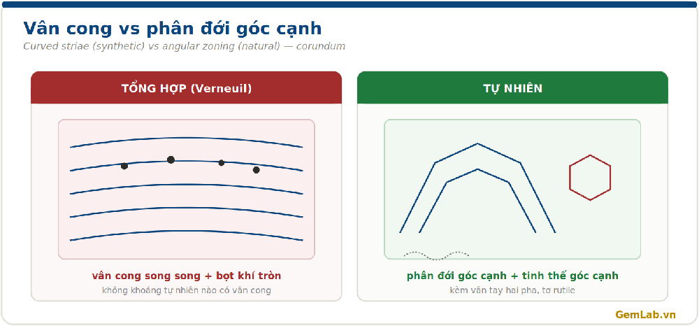 Vân cong và bọt khí tròn của đá tổng hợp so với phân đới góc cạnh của đá tự nhiên