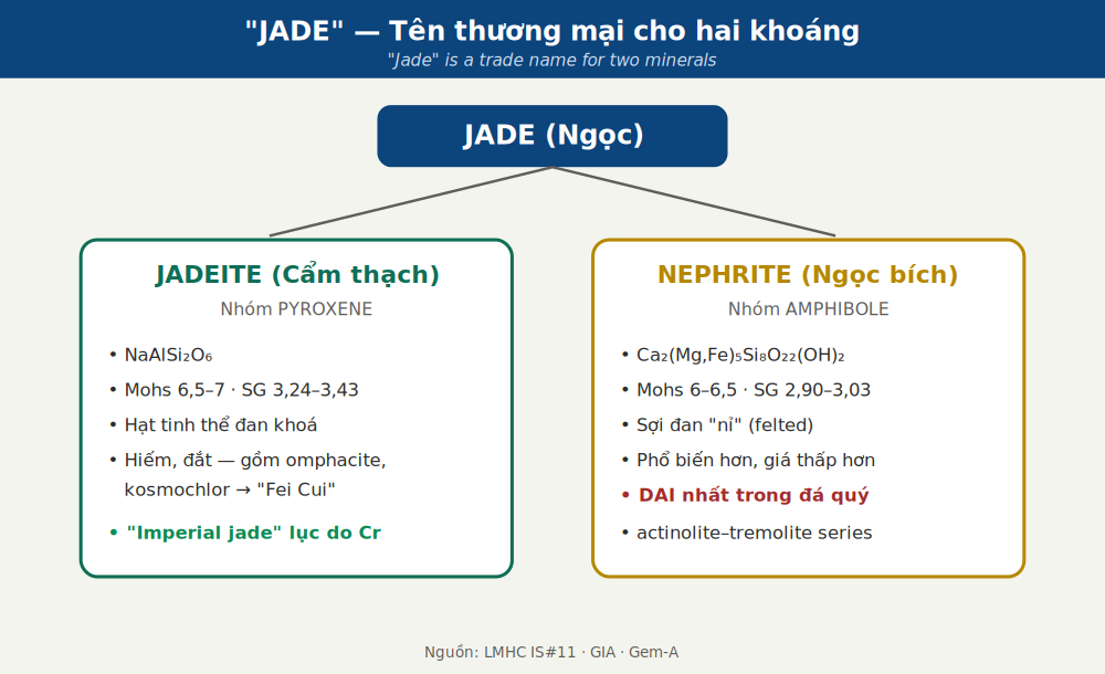 Sơ đồ: Jade là tên thương mại bao trùm jadeite (pyroxene) và nephrite (amphibole)