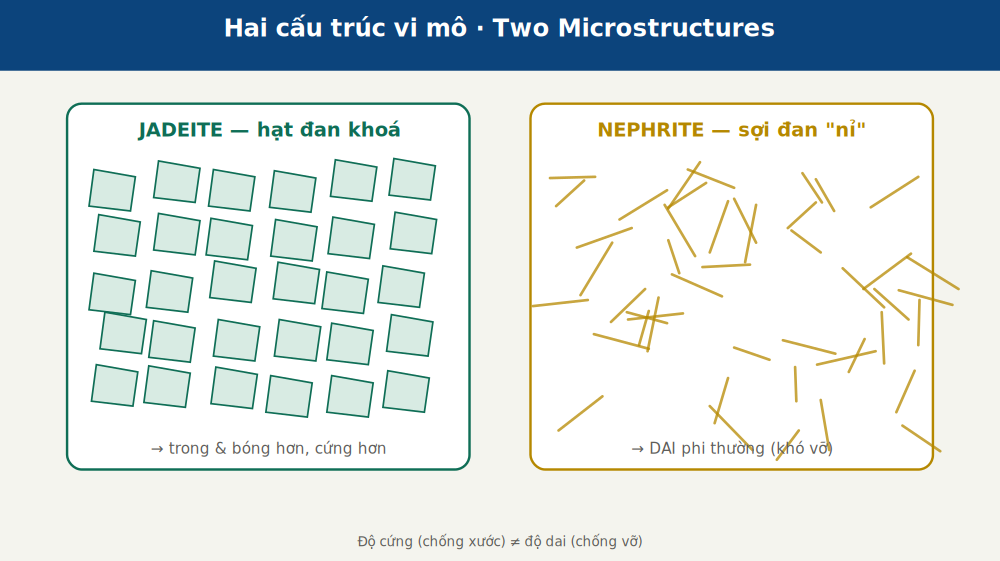 So sánh cấu trúc: jadeite hạt đan (granular interlocking) vs nephrite sợi felt (fibrous felted)