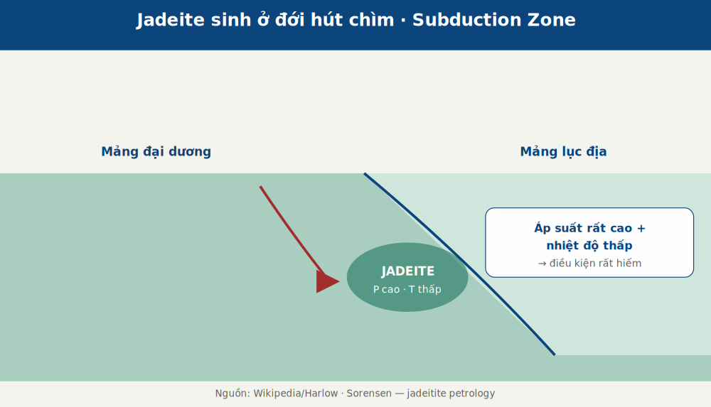 Sơ đồ đới hút chìm: jadeite hình thành ở áp suất cao, nhiệt độ thấp