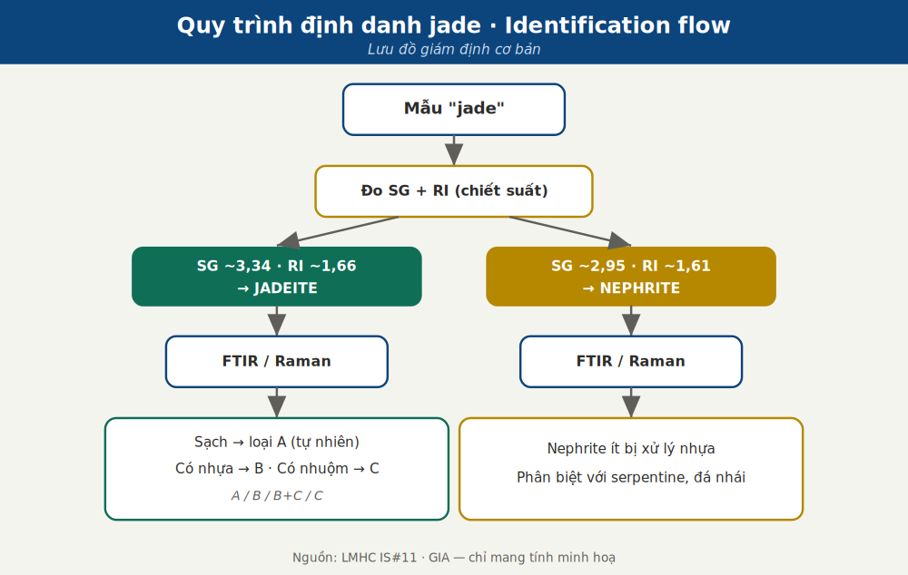 Lưu đồ định danh jade: từ quan sát đến FTIR/Raman