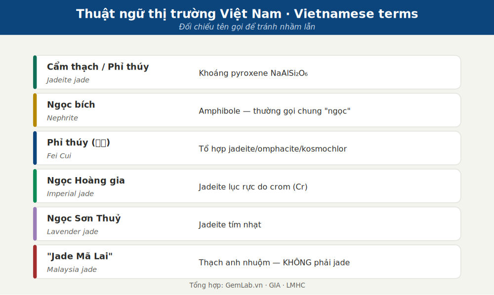 Đối chiếu thuật ngữ Việt: cẩm thạch/phỉ thúy = jadeite, ngọc bích = nephrite