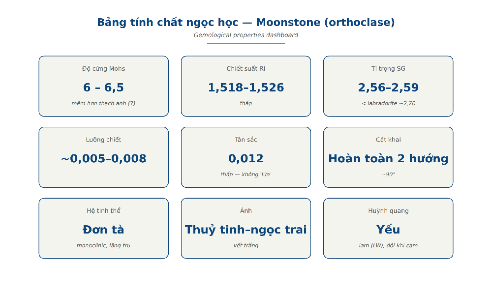 Moonstone gemological properties dashboard Mohs hardness refractive index specific gravity cleavage dispersion