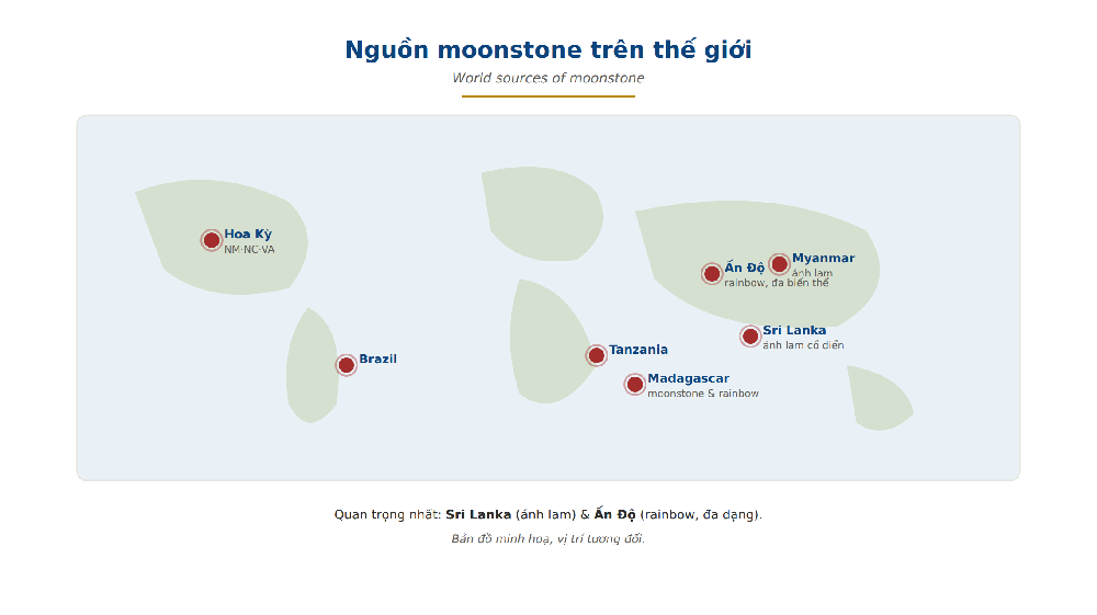 Moonstone world sources map Sri Lanka India Myanmar Madagascar Tanzania Brazil USA blue sheen rainbow