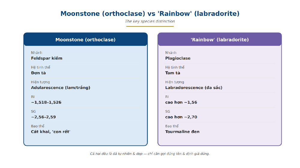 Moonstone orthoclase vs labradorite rainbow comparison refractive index specific gravity adularescence labradorescence